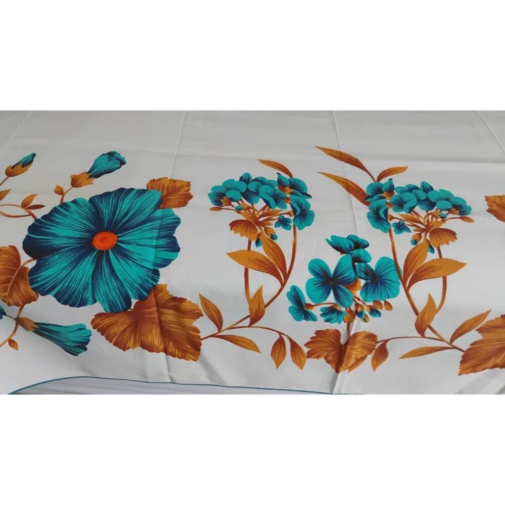 Vtg Mid Century Tropical Cotton Tablecloth 57 X 66 Hollywood Regency Blue White
